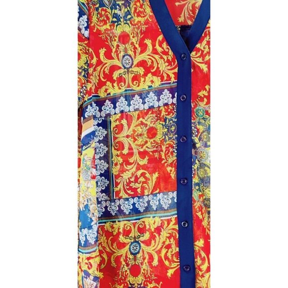 Kimona Blouse Jacket by Cecico Front Button Boho Light Weight Batik Longer Back - Picture 11 of 12